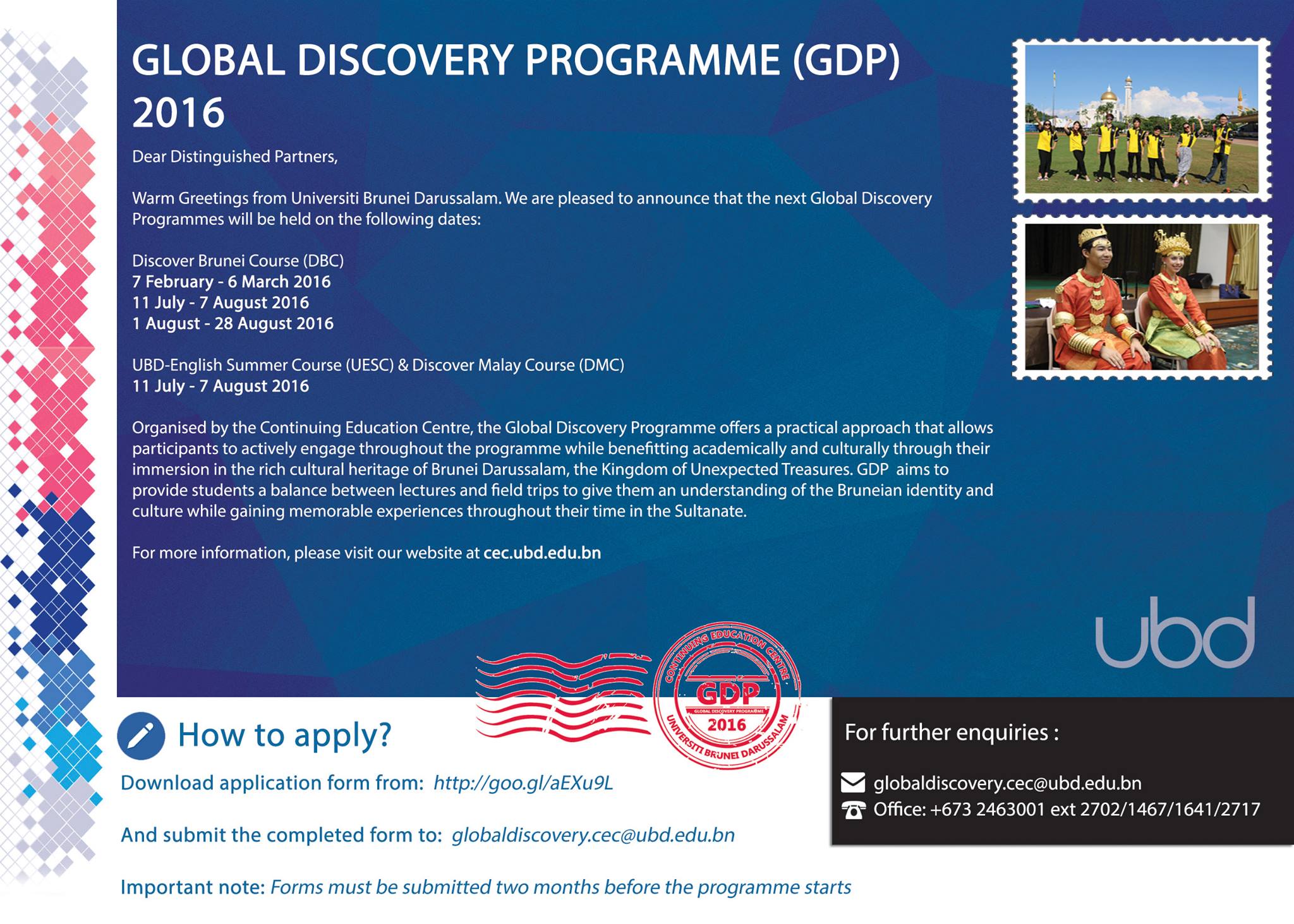 INVITATION FOR THE GLOBAL DISCOVERY PROGRAMME 2016 OF BRUNEI DARUSSALAM UNIVERSITY